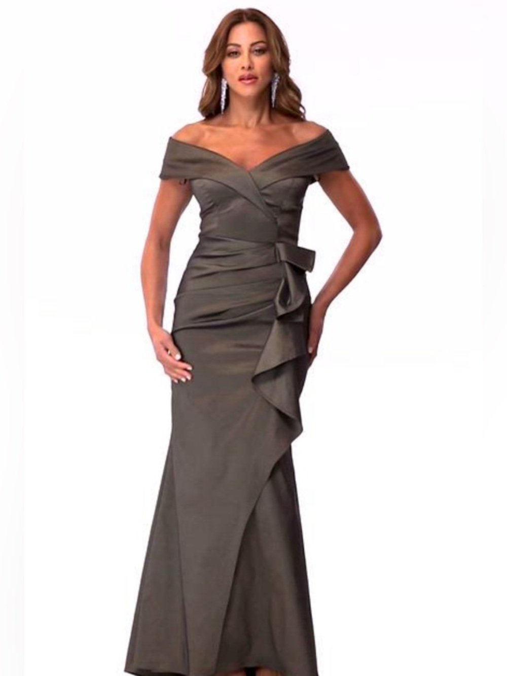 Off-Shoulder Olive Green Evening Gown by Xscape Size 6. Worn once.